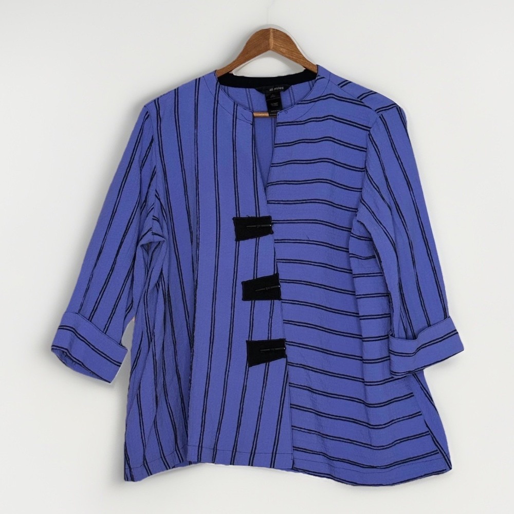 Ali Miles PL Purple Striped Art To Wear Top 3/4 Sleeve Lagenlook Career Casual